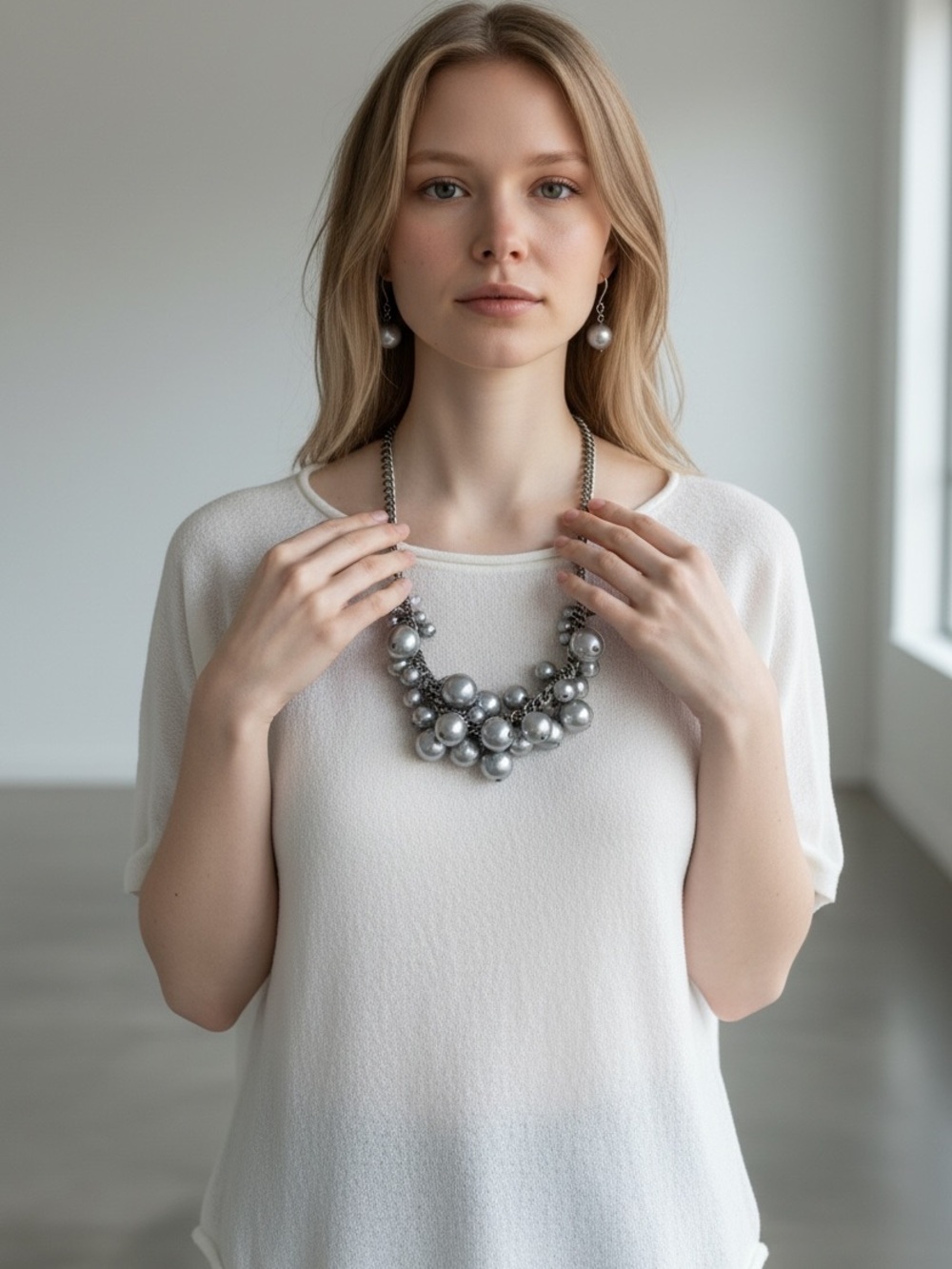 Silver Cluster Pearl Bib Necklace - Women Jewelry